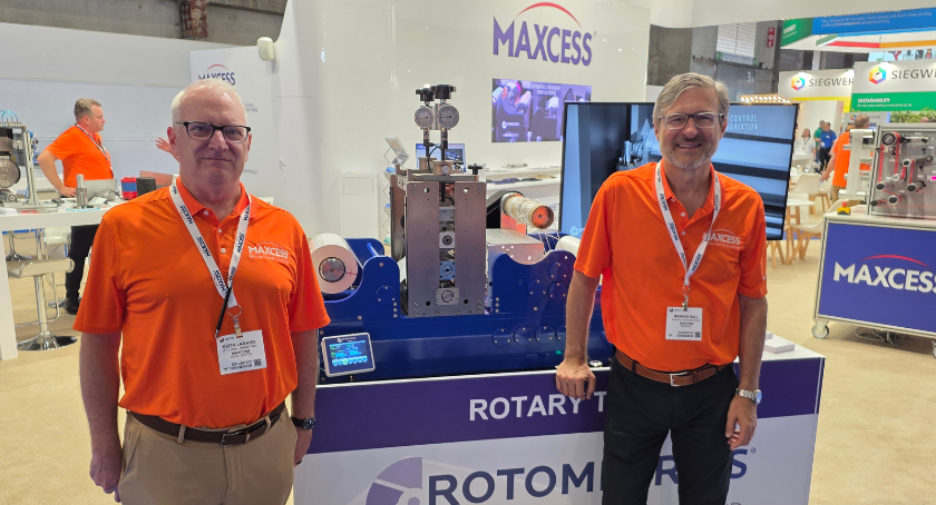 Keith Laakko (L) and Markus Rall explain the latest diecutting evolutions at RotoMetrics, a Maxcess brand.